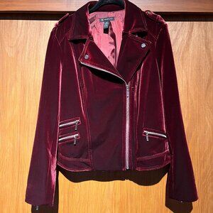 INC burgundy velvet moto jacket, size Large